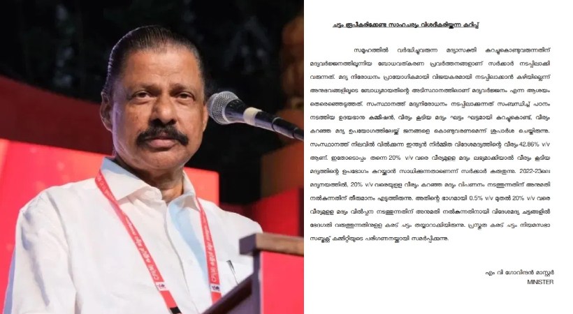 വീര്യം കുറഞ്ഞ മദ്യത്തിനായി മുന്‍ സര്‍ക്കാര്‍ ഇടപെടല്‍; എം വി ഗോവിന്ദന്‍ നിയമസഭാ സബ്ജക്ട് കമ്മിറ്റിക്ക് നല്‍കിയ കുറിപ്പ് പുറത്ത്