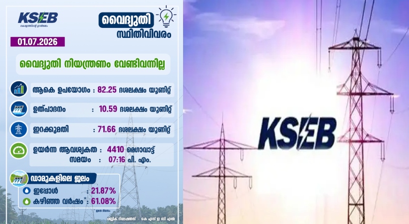 വ്യാപകമായ മഴ കിട്ടി; ഇന്നലെ വൈദ്യുതി നിയന്ത്രണം വേണ്ടിവന്നില്ലെന്ന് കെഎസ്ഇബി